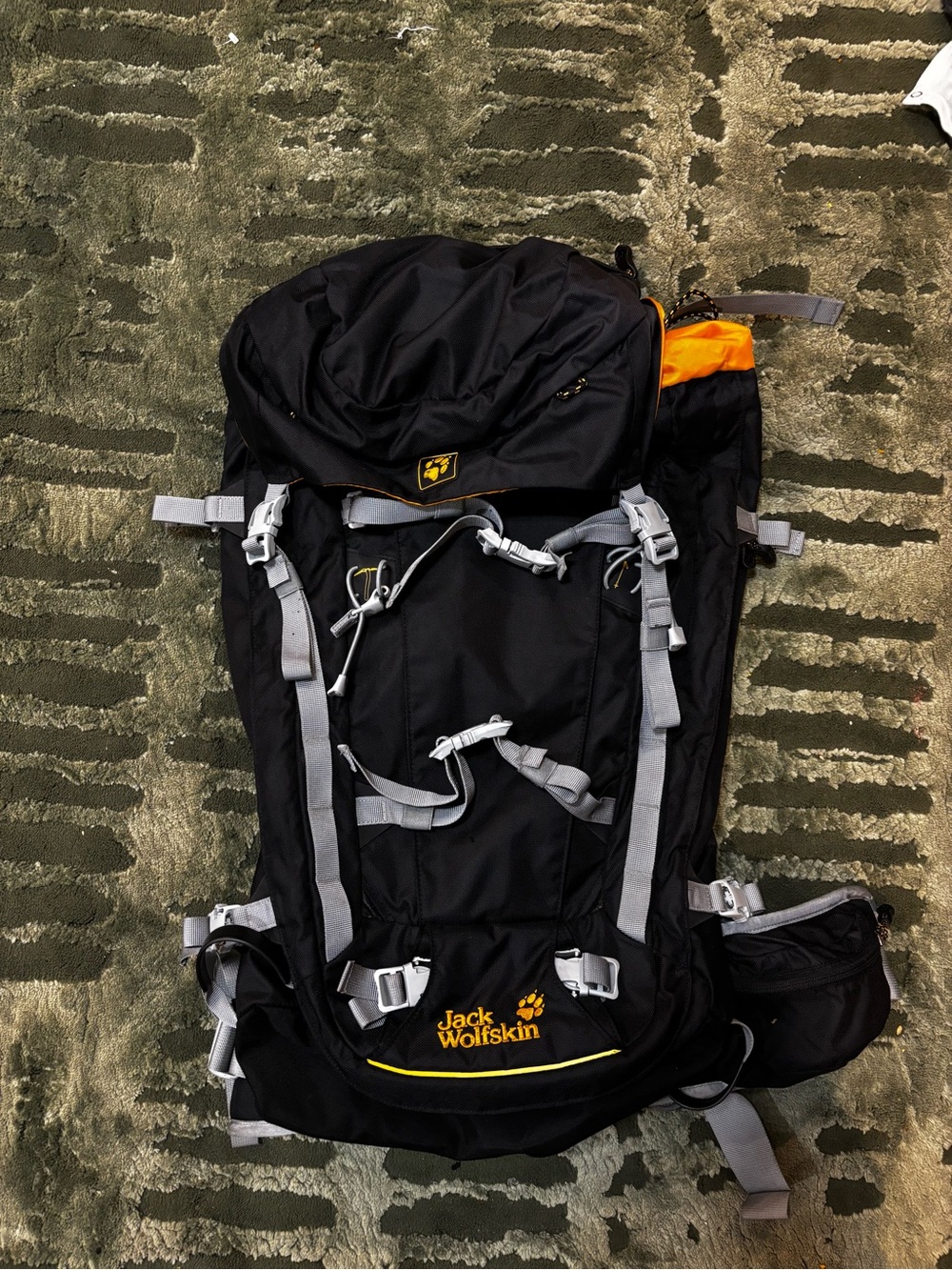 Jack Wolfskin Black and Orange Outdoor Backpack with Gray Straps